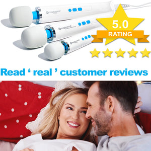 Image banner stating that the Magic Wand Massager receives an average of 5 out of 5 star rating from our customers and their reviews