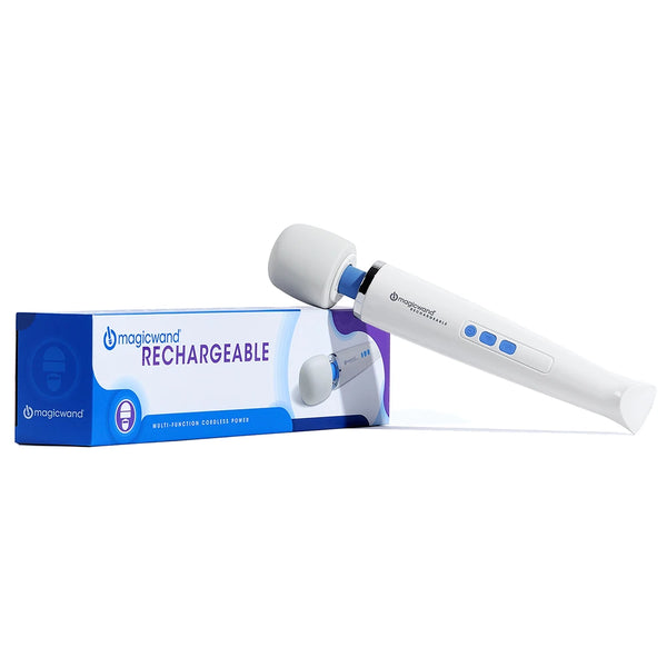Product picture on white background of the Hitachi Magic Wand Rechargeable leaning against the product carton.