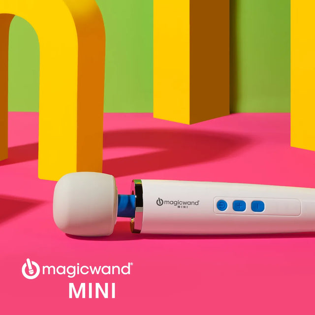 Product picture of the Magic Wand Mini personal massager with a vibrant coloured background.