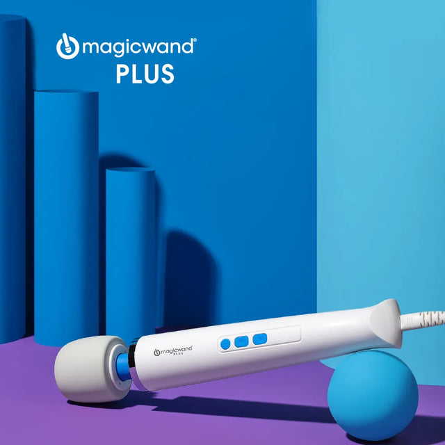 Product picture of the Magic Wand Plus personal massager with a vibrant coloured background.
