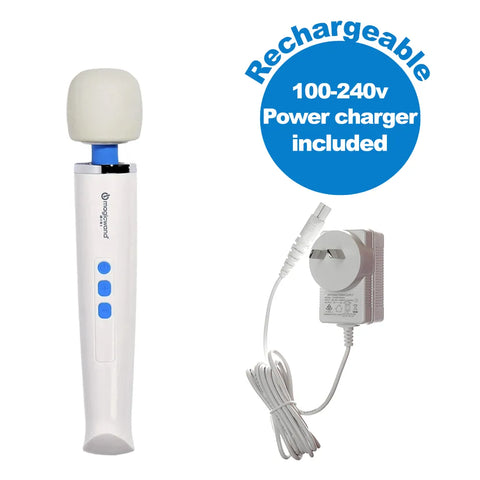 Product picture of the Hitachi Magic Wand Mini personal massager alongside its power charger on a white background.