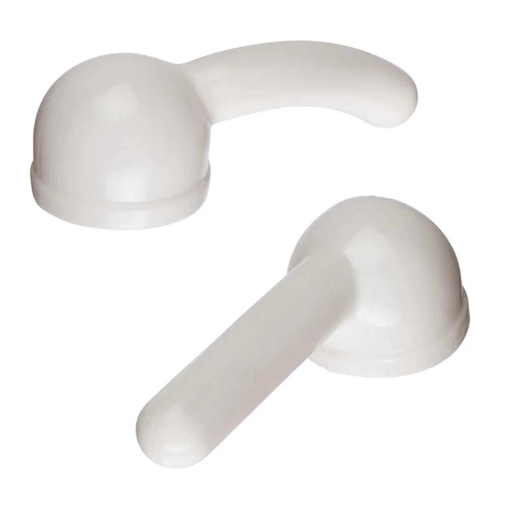 Main product picture on a white background of the Hitachi Magic Wand G-Duo massager attachments bundle kit in white. This attachments bundle kit consists of one G-Tip Straight attachment and one G-Tip Curve attachment, both fitting over the massage head of the full size Hitachi range of personal massagers, which are the Magic Wand Original, Magic Wand Rechargeable and Magic Wand Plus.
