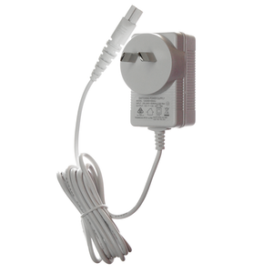 Product picture on white background of the Australian and New Zealand power plug charger that has been manufactured to be compatible to use with the Magic Wand Rechargeable HV-270 personal massager and the Magic Wand Plus HV-265 personal massager. This charger replaces the USA plug charger for Australian and New Zealand use of the massagers.