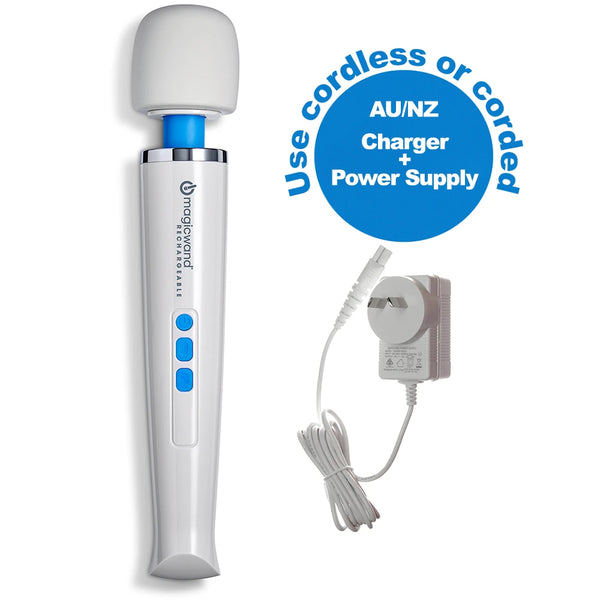 Main product picture with white background of the Hitachi Magic Wand Rechargeable personal massager with Australian and New Zealand 100~240 volt power charger.
