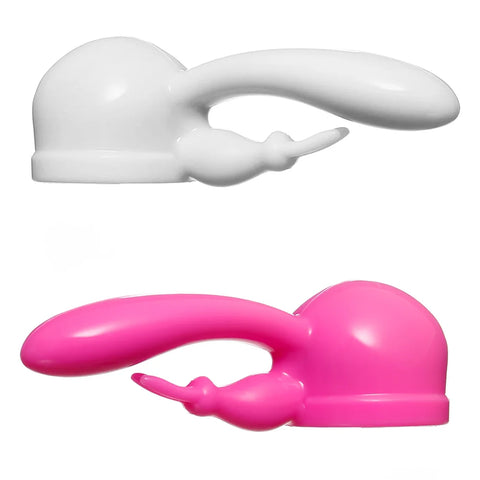 Main product picture on a white background of the Rabbit attachment in white and pink. This attachment fits over the massage head of the Hitachi range of personal massagers which are the Magic Wand Original, Magic Wand Rechargeable and Magic Wand Plus.