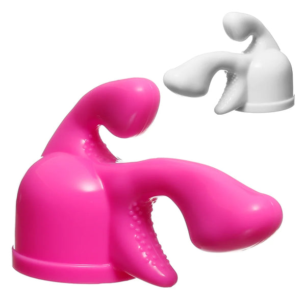 Main product picture on a white background of the Tri-Gasm Attachment in pink and white. This attachment fits over the massage head of the Hitachi range of personal massagers which are the Magic Wand Original, Magic Wand Rechargeable and Magic Wand Plus.