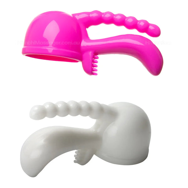 Main product picture on a white background of the Triple Pleaser attachment in pink and white. This attachment fits over the massage head of the Hitachi range of full size massagers massagers which are the Magic Wand Original, Magic Wand Rechargeable and Magic Wand Plus.