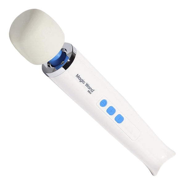 Full length product picture on a white background of the Hitachi Magic Wand Mini personal massager tilted to the left.