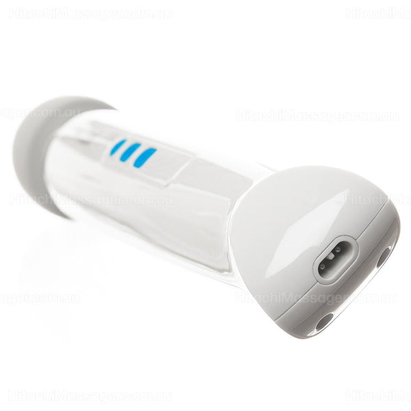 Closeup product picture on a white background of the Hitachi Magic Wand Rechargeable personal massager charging port.