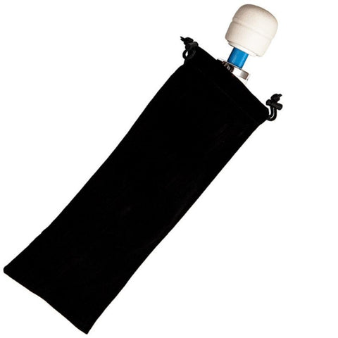 Main product picture on white background of the Hitachi Magic Wand storage bag. This black cotton drawstring bag is for storing any one of the Hitachi personal massagers which are the Magic Wand Original, Magic Wand Rechargeable and Magic Wand Plus.